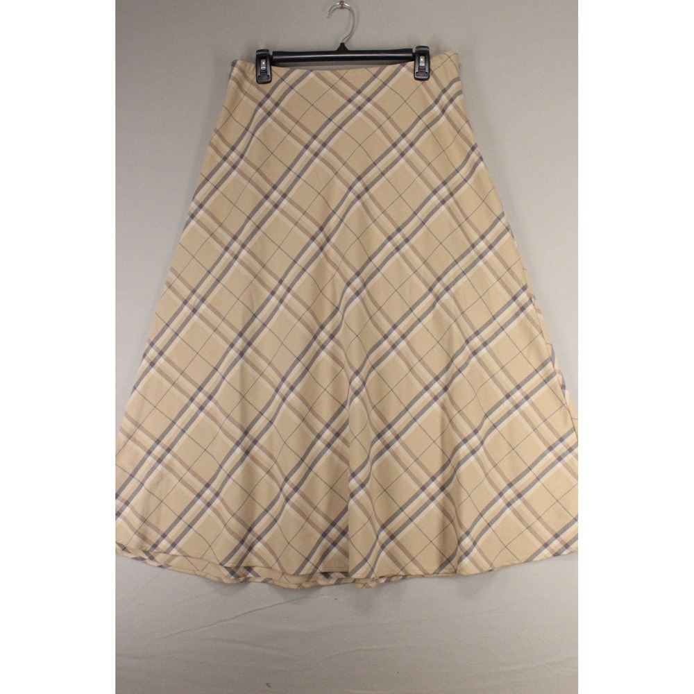 Croft & Barrow Womens Tan Blue Plaid A-Line Midi Skirt Size 8 Stretch Side Zip